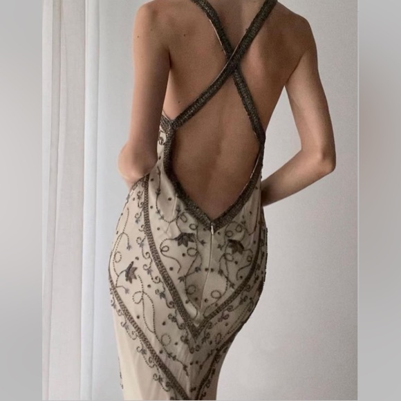 Vintage 90’s 100% Silk Beaded Dress Silk Slip Dress Backless White Gown Prom Y2K - Picture 7 of 16